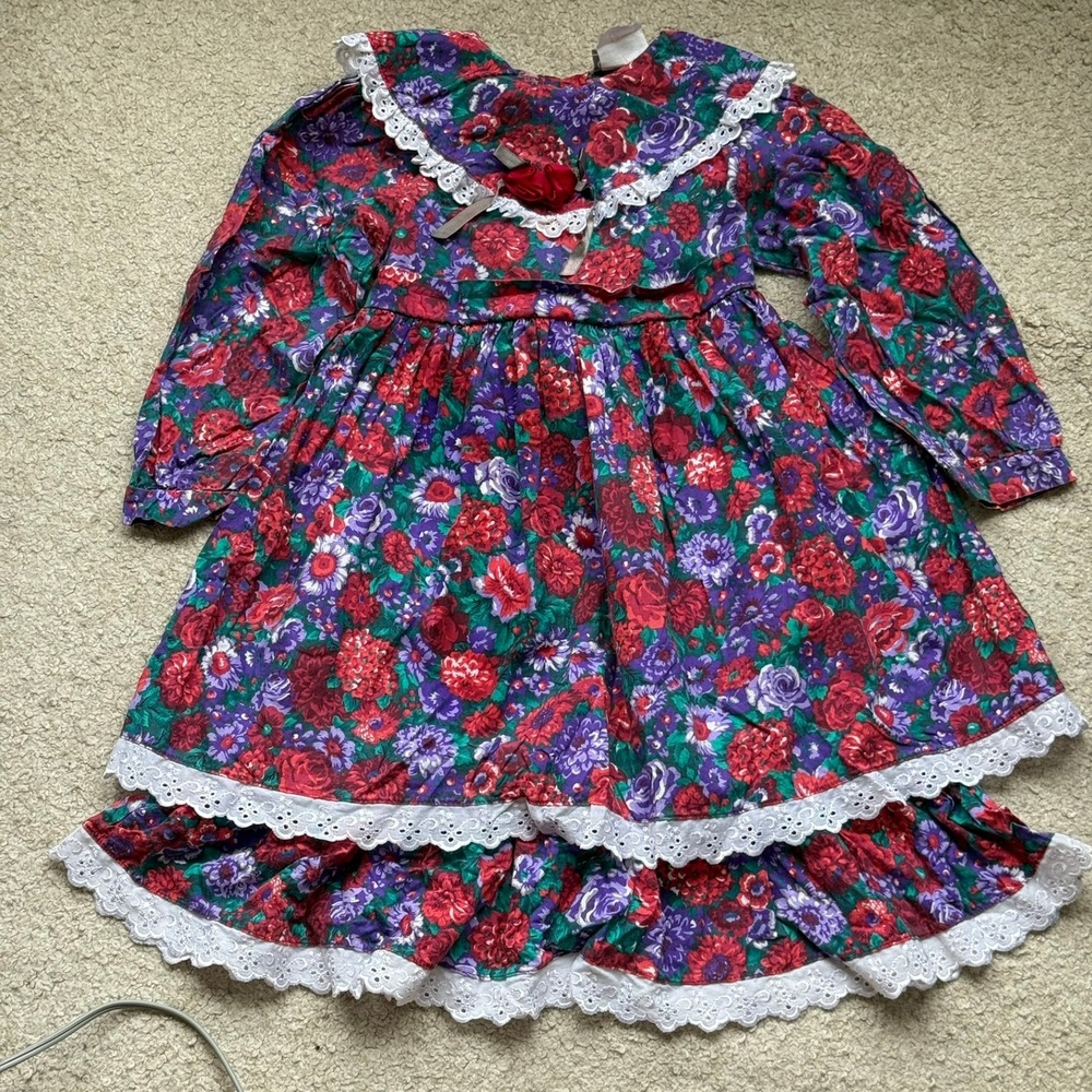 Vintage C.B. Kid Girls Red Purple Floral Lace Trim Prairie Dress Size 6 41110